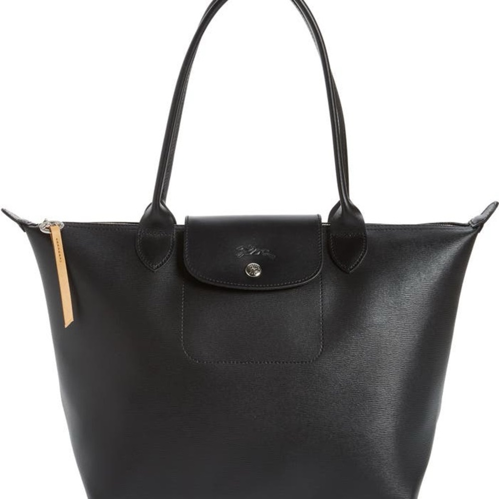 Longchamp Le Pliage Black Leather Tote Bag